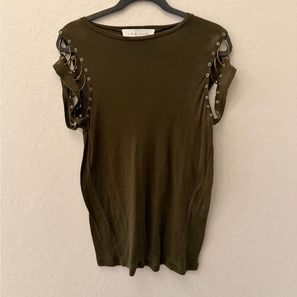 IRO Jeans Olive Ring-Detail Cutout Sleeve Top | Size Small
